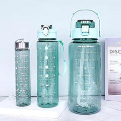 3-Piece Motivational Water Bottle Set (2L+900ml+300ml) – BPA-Free, Leakproof, for Gym & Office