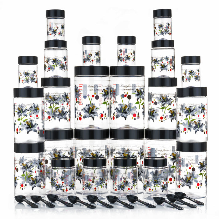 Plastic Grocery Container Set – 24-Pack Airtight Storage Jars (1200 ml, 650 ml, 350 ml, 250 ml, Black)