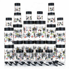 Plastic Grocery Container Set – 24-Pack Airtight Storage Jars (1200 ml, 650 ml, 350 ml, 250 ml, Black)